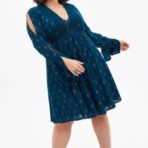 New without Tags Torrid Teal Long Sleeve Cold Shoulder Dress with Tie-up & Lace